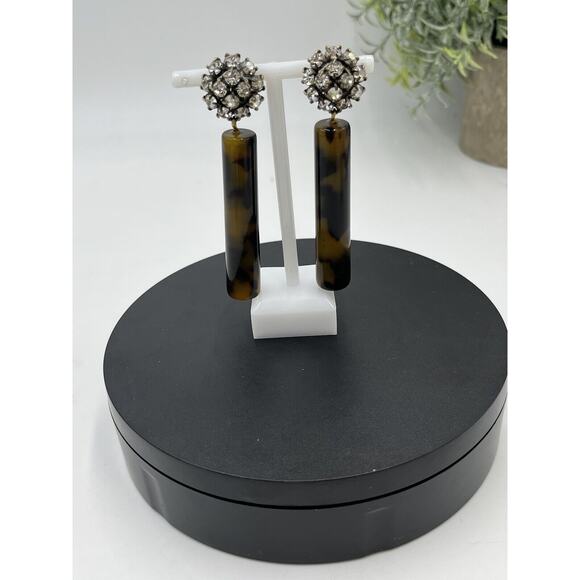 Tortoise Color Acetate Cylinder Earring, Crystal Round Modern Clip On Jewelry - Picture 3 of 13